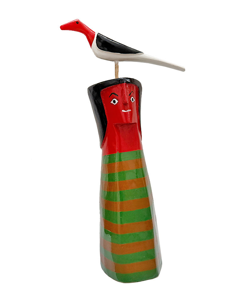 Cabeça vermelha c/ listras verde e marrom (madeira)