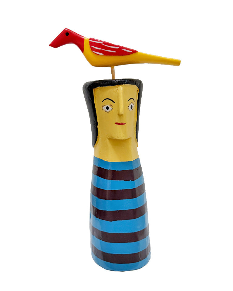 Cabeça amarela c/ listra azul e preta (madeira)