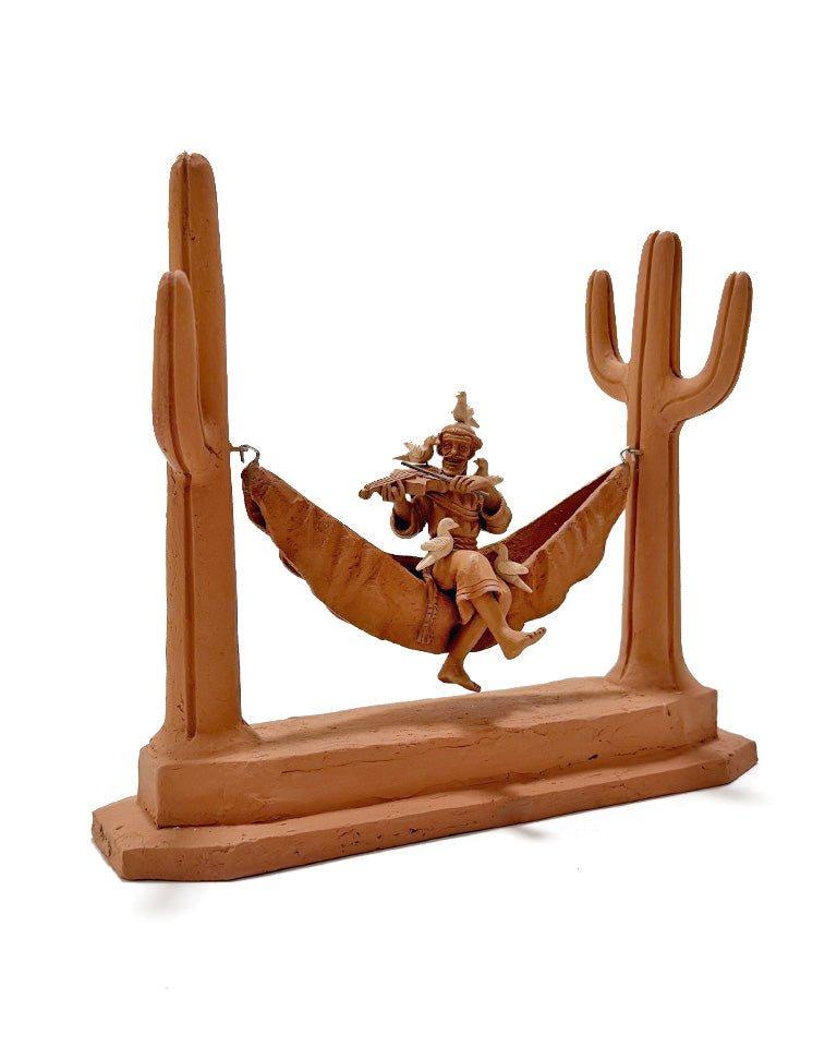 São Francisco na rede c/ violino e pássaros (cerâmica)