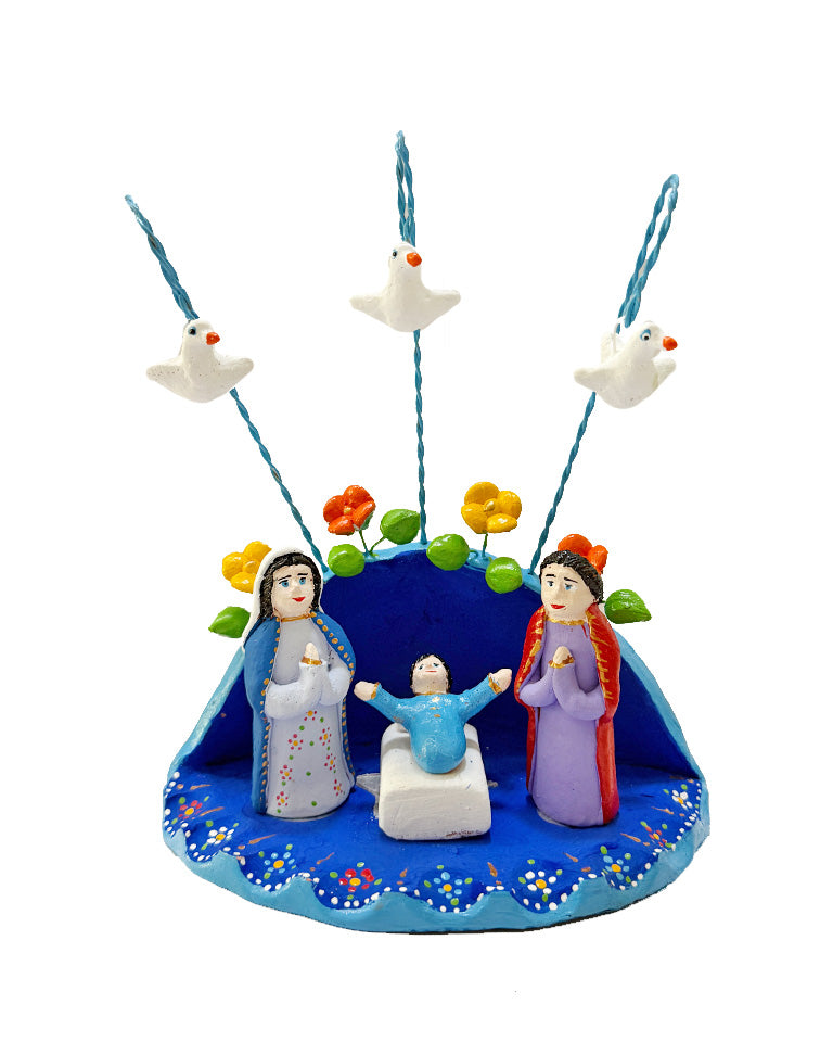 Presépio azul (flores brancas e flores amarelas e laranjas)