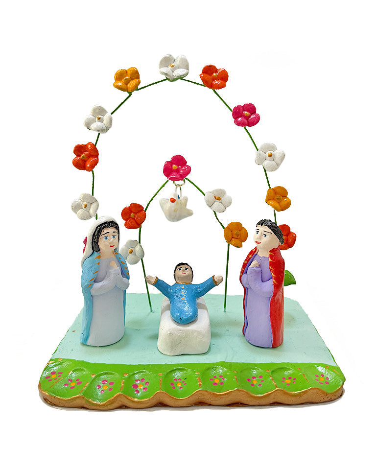 Presépio verde e azul com arco (flores brancas, rosas e amarelas)