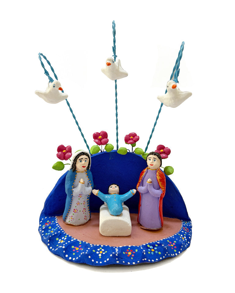 Presépio azul (aves brancas e flores rosas)