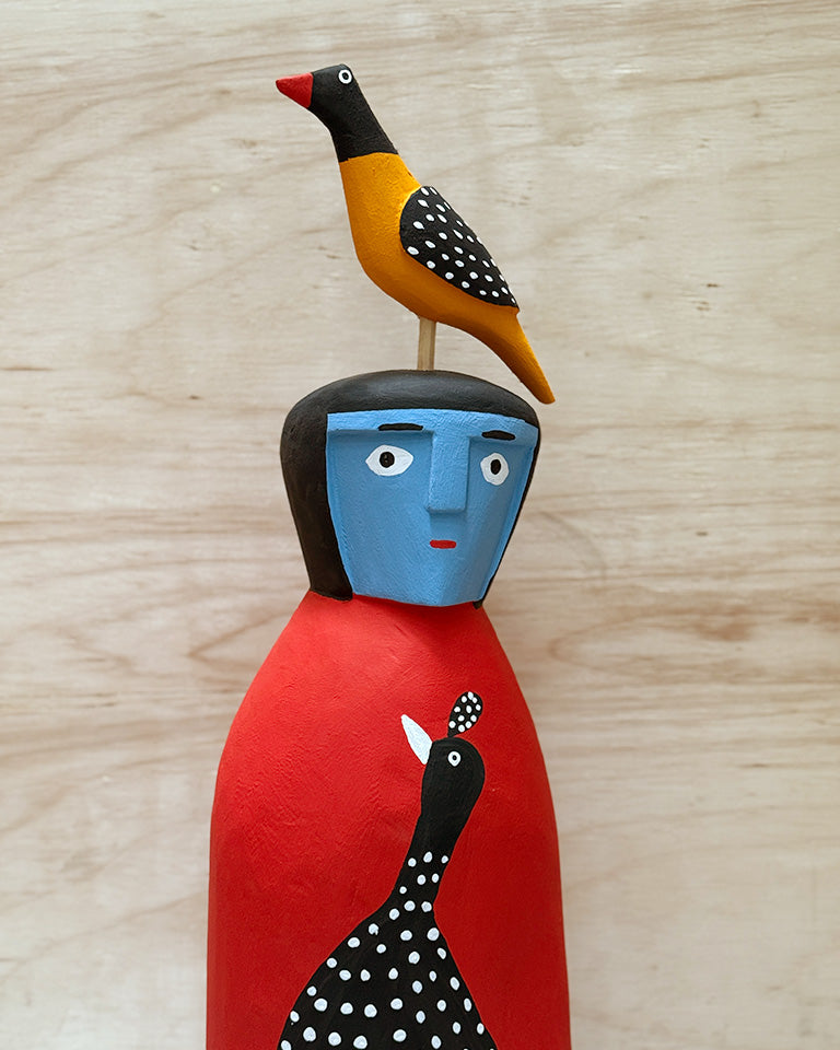 Cabeça azul e vermelha c/ pássaro e galinha (grande) – madeira