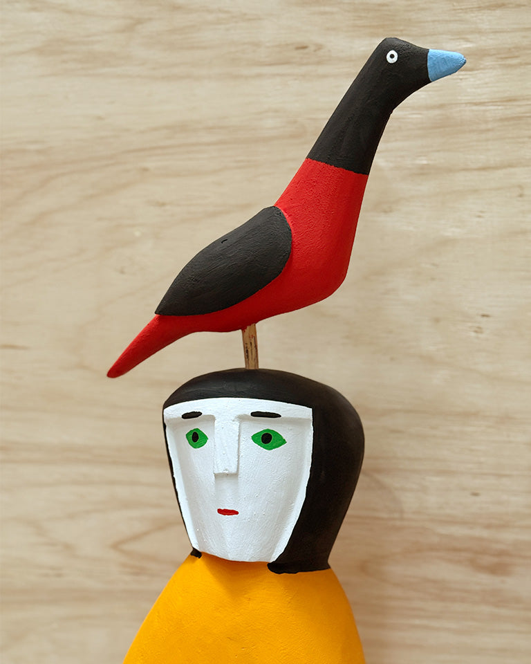 Cabeça amarela c/ pássaro e peixe (grande) – madeira