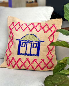 Capa de almofada de algodão - Casinha azul e rosa | tear manual