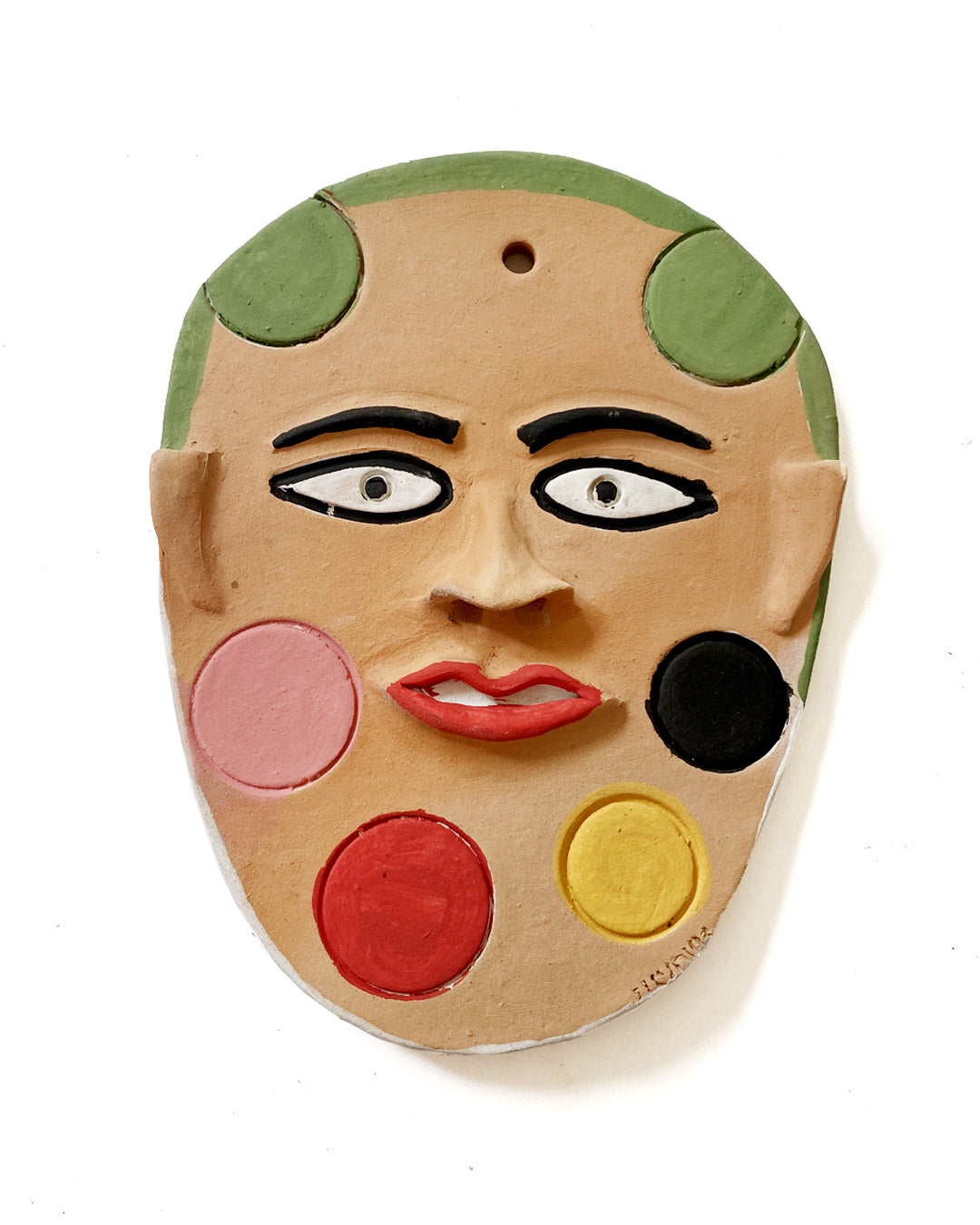 Máscara em cerâmica (verde, vermelho, rosa, amarela e preta)